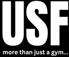 A white logo that says usf more than just a gym
