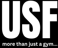 A white logo that says usf more than just a gym