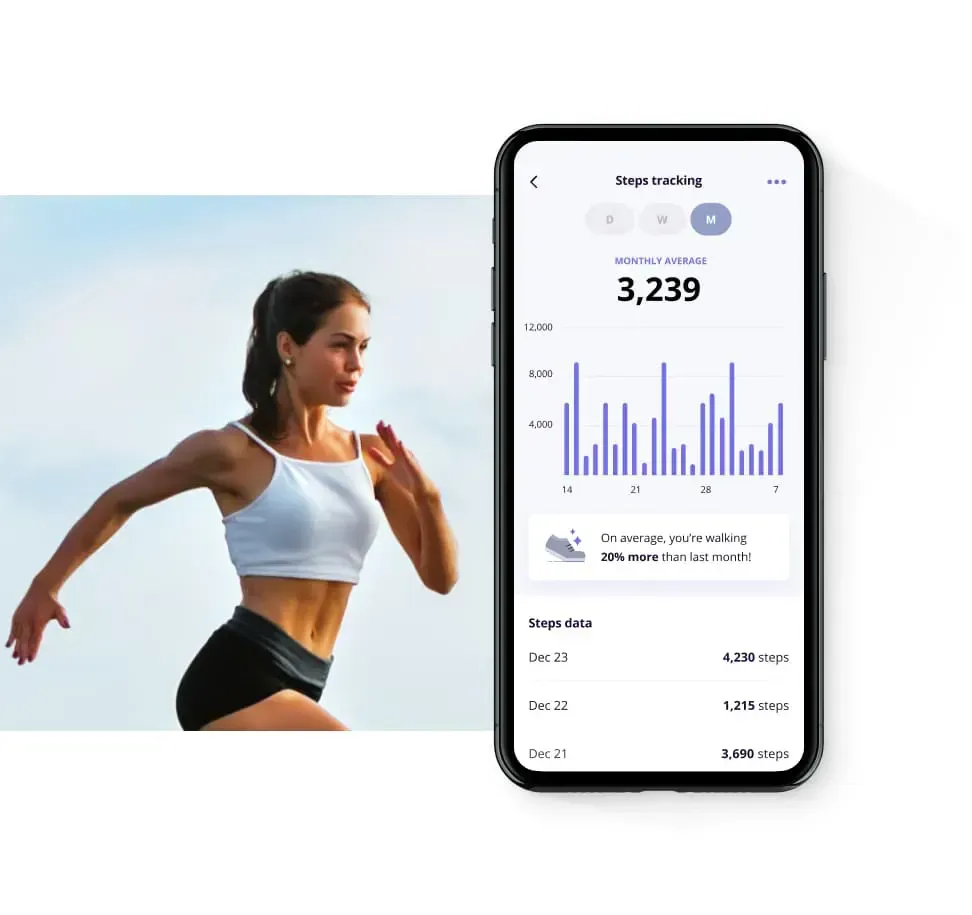 A woman is running next to a cell phone that shows her steps.