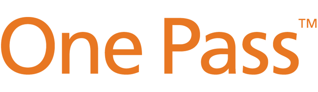 The logo for one pass is orange on a white background