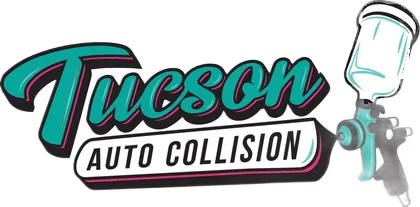 Tucson Auto Collision logo with teal script and a spray paint gun on the right