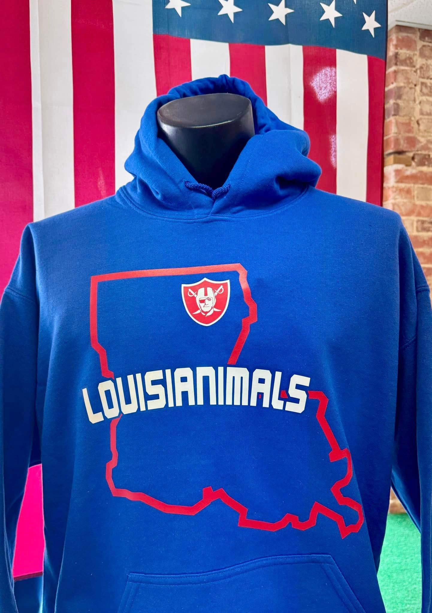 A blue louisiana hoodie is on a mannequin in front of an american flag