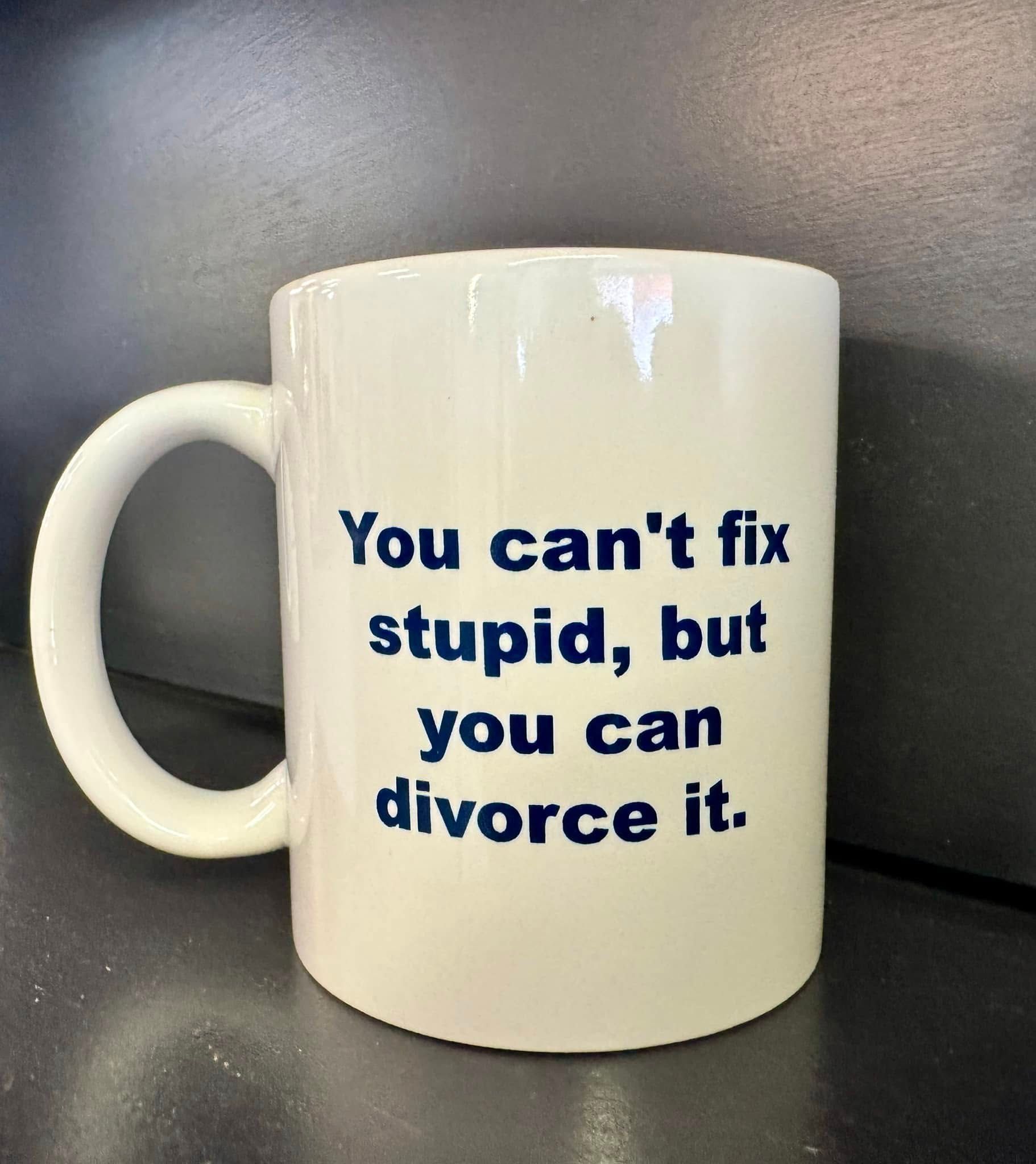 A white mug with text