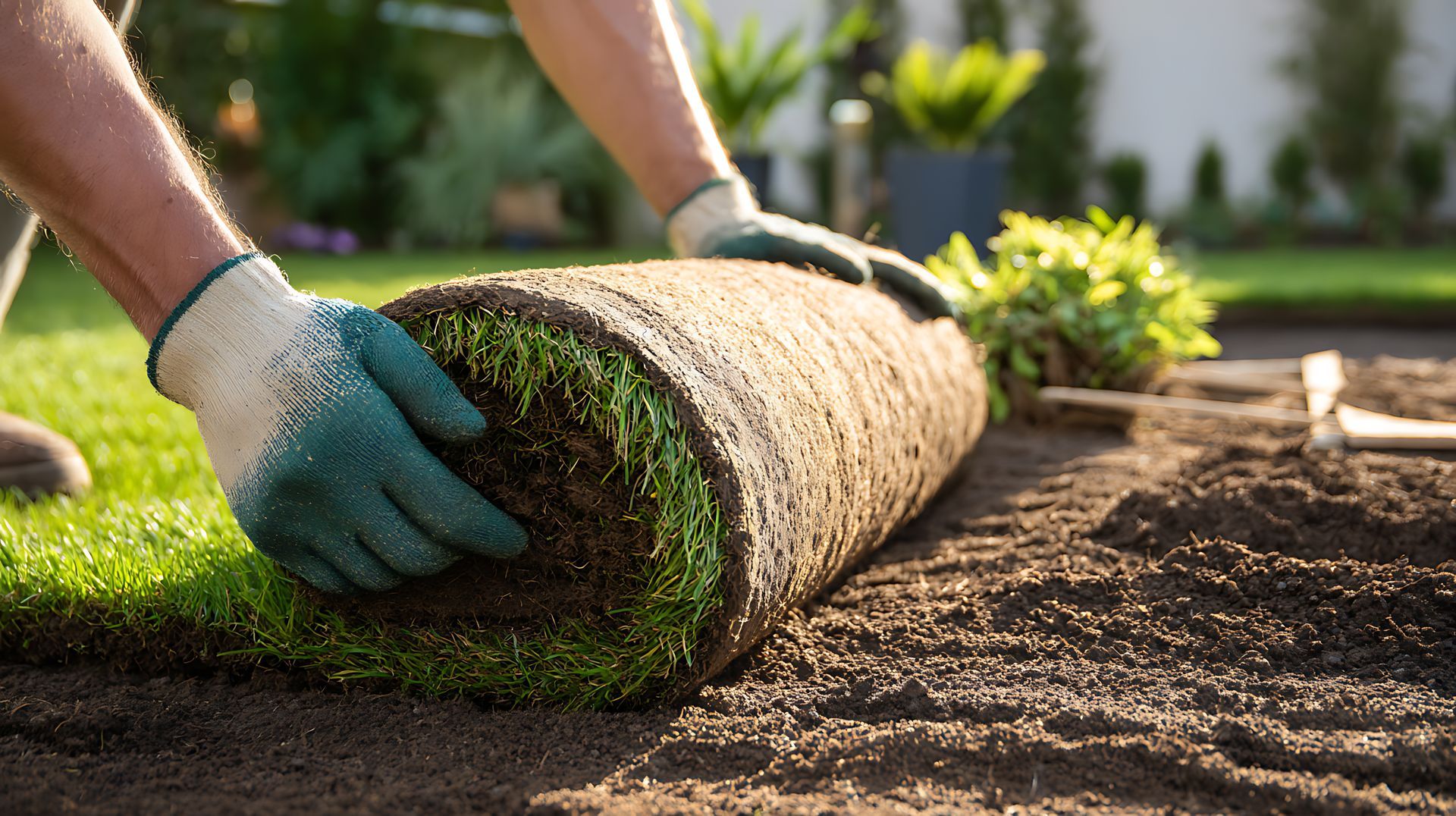 Hands roll out a green grass sod roll onto soil in a sunny garden.