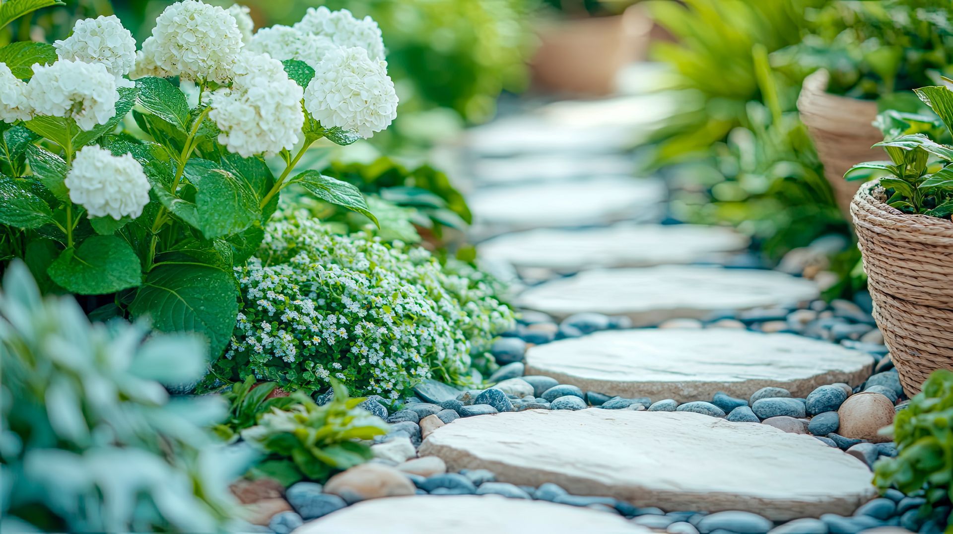 Stone garden path bordered by white flowers, green foliage, and pebbles