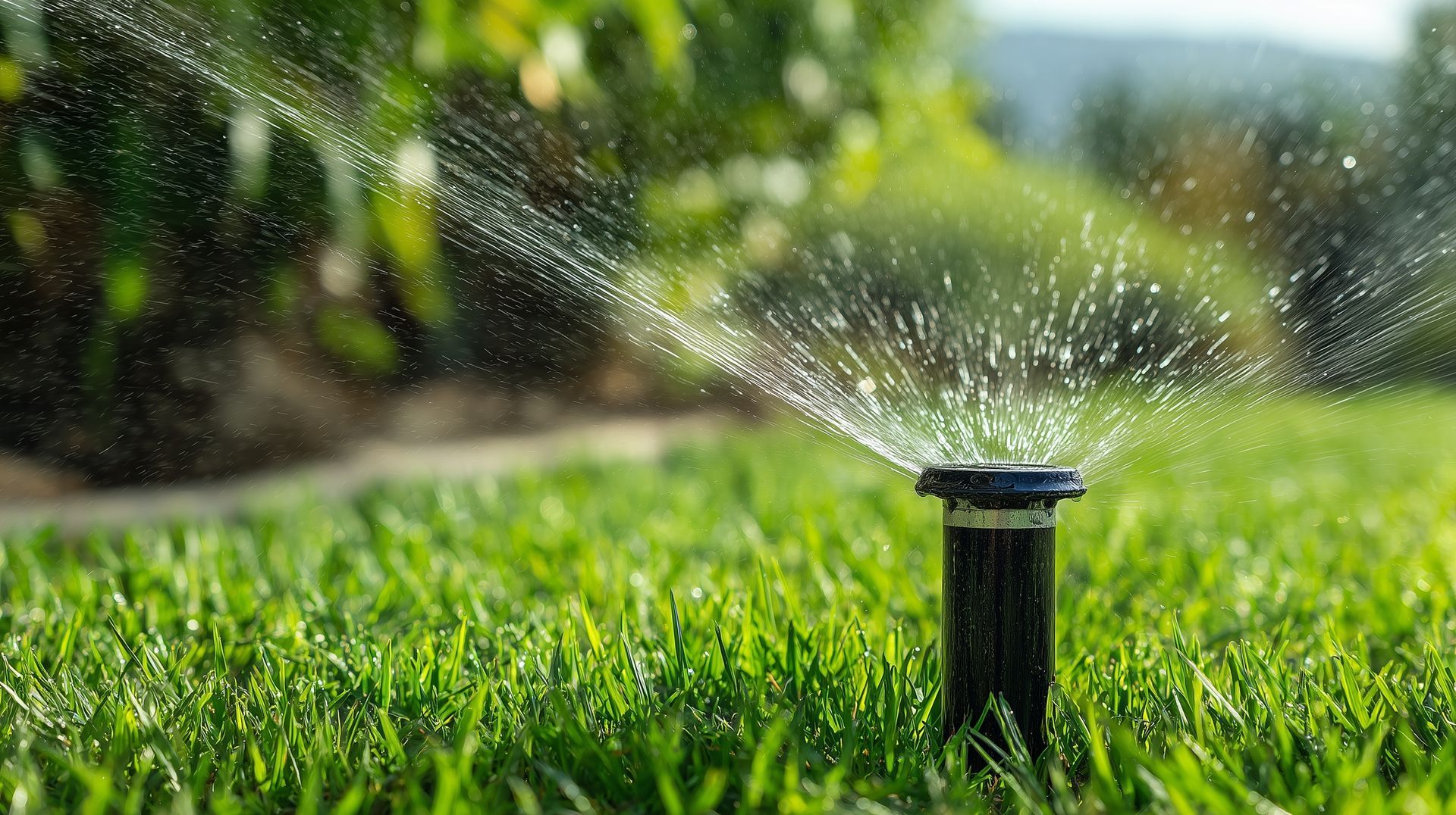 Sprinkler watering lush green lawn in a sunny garden