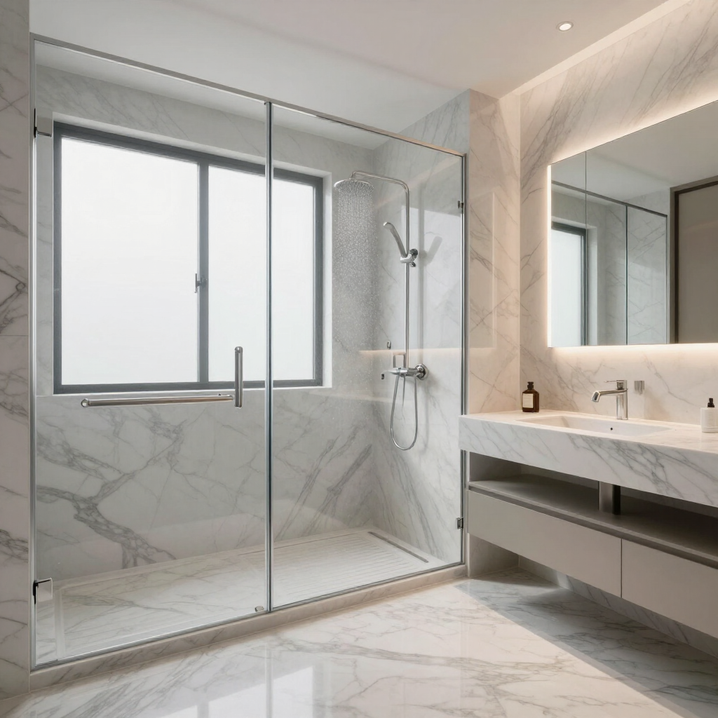 Modern marble bathroom with glass-enclosed shower, large window, and floating vanity sink