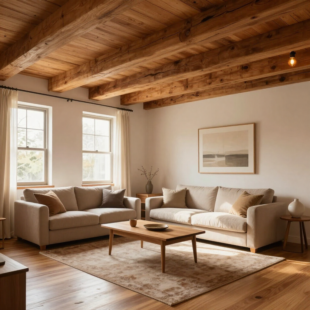 Bright living room with exposed wood ceiling, two sofas, coffee table, rug, and framed wall art.