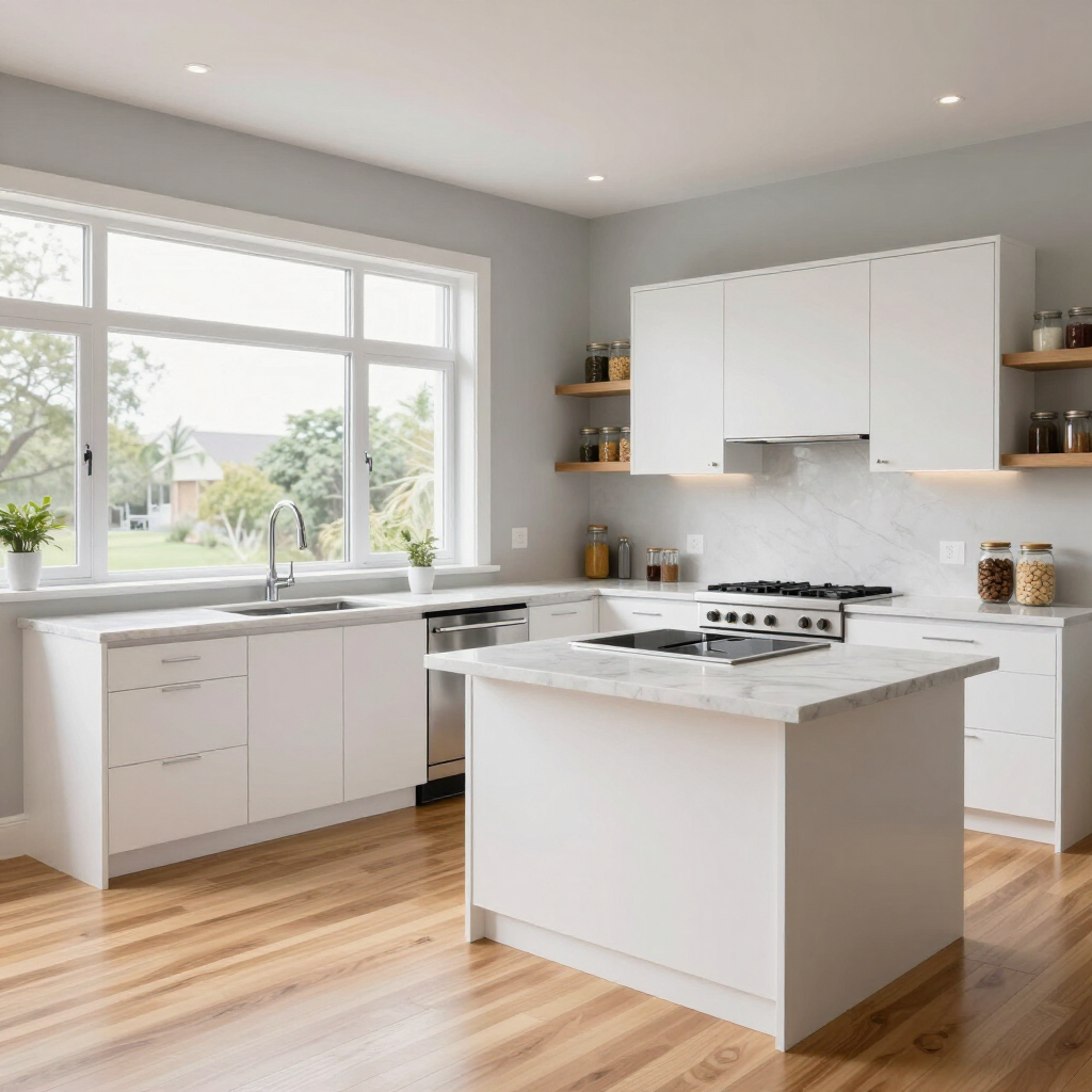 Bright modern white kitchen with island, large window, and light wood floors