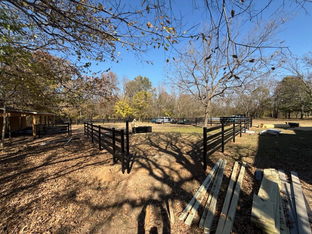 Black fenced paddock in a sunny park with trees and wooden benches in the foreground