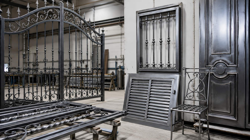 Officina con cancelli, pannelli e porte metalliche in ferro battuto nero riccamente decorati, appoggiata a una parete.