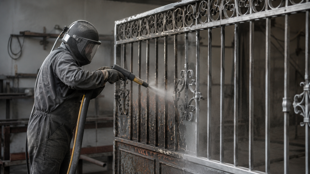 Un operaio con indumenti protettivi vernicia a spruzzo una recinzione o una gabbia metallica all'interno di un'officina.