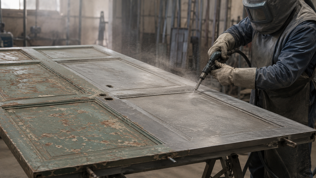 Un operaio con indumenti protettivi vernicia a spruzzo un grande pannello metallico in un'officina industriale.