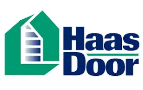 Haas Door logo with green house outline and blue text on white background Haas Door logo with green house outline and blue text on white background