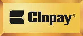 Clopay logo on a gold gradient background with a black icon and text Clopay logo on a gold gradient background with a black icon and text