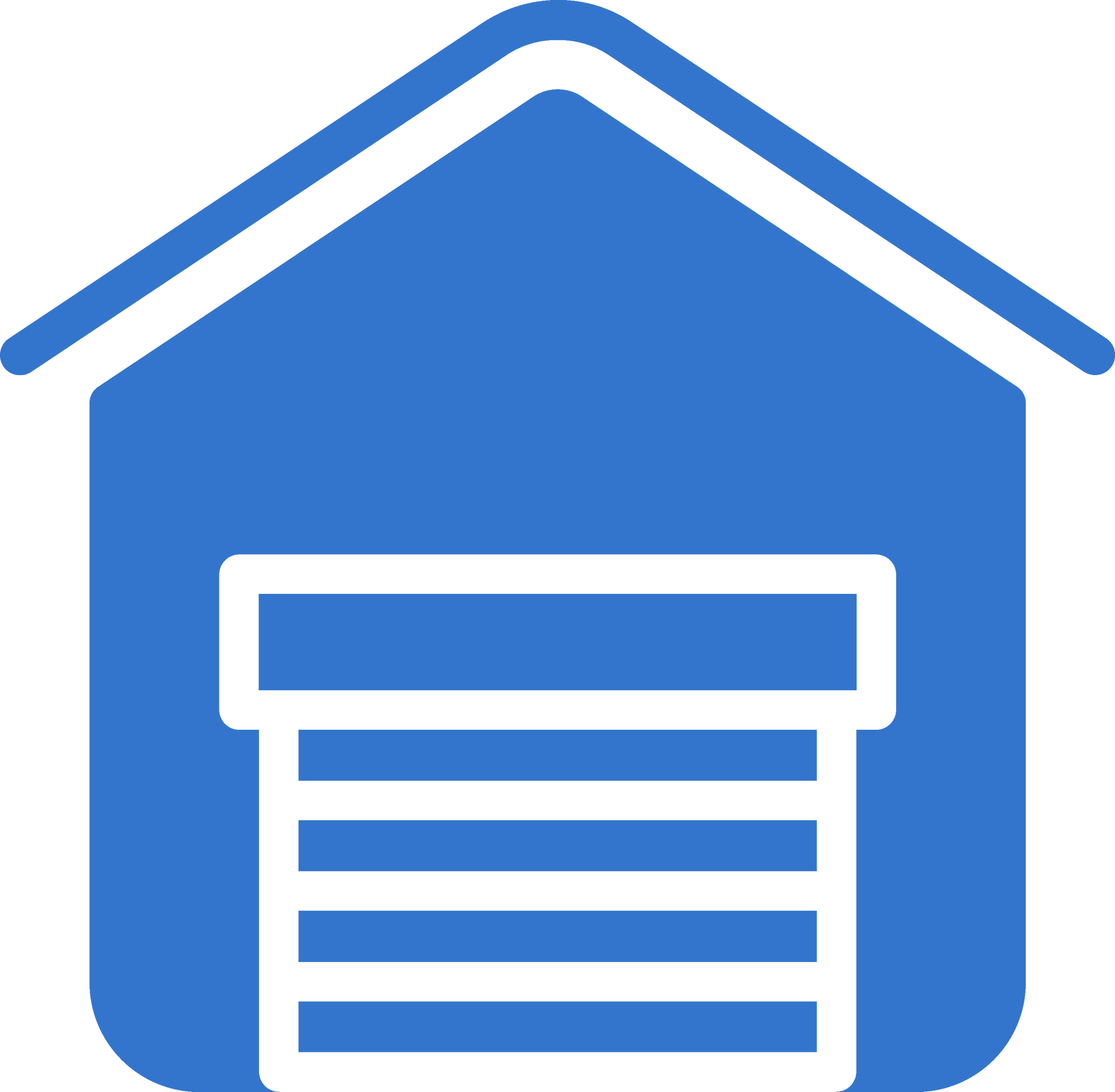 Blue storage unit icon with a white rolling garage door Blue storage unit icon with a white rolling garage door