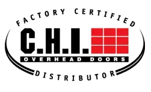 C.H.I. Overhead Doors factory certified distributor logo in black and red C.H.I. Overhead Doors factory certified distributor logo in black and red