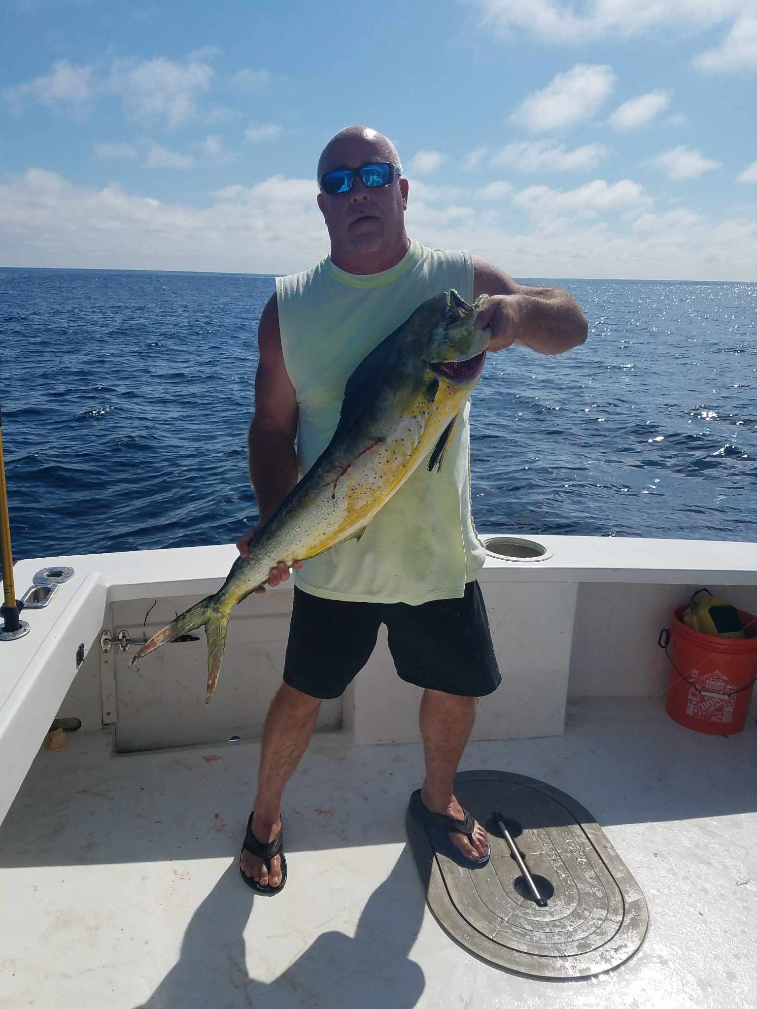 Man on a boat holding a large, colorful fish; blue water and sky in the background.