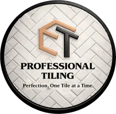Logo for Professional Tiling featuring the initials ET on a white herringbone tile background with the slogan below.