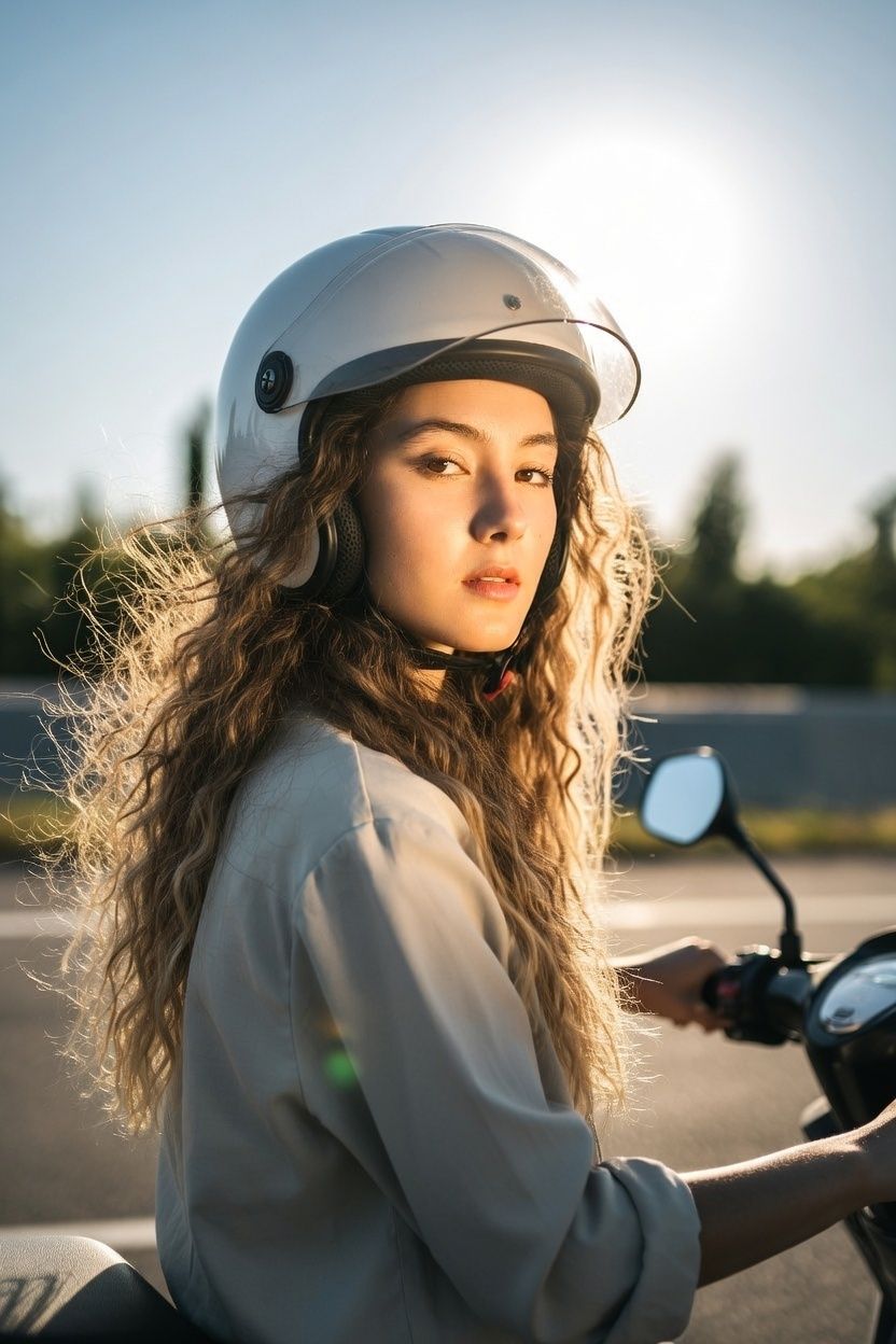 Eine Person mit langen, lockigen Haaren und einem weißen Helm auf einem Roller, im Gegenlicht der Sonne auf einer Straße im