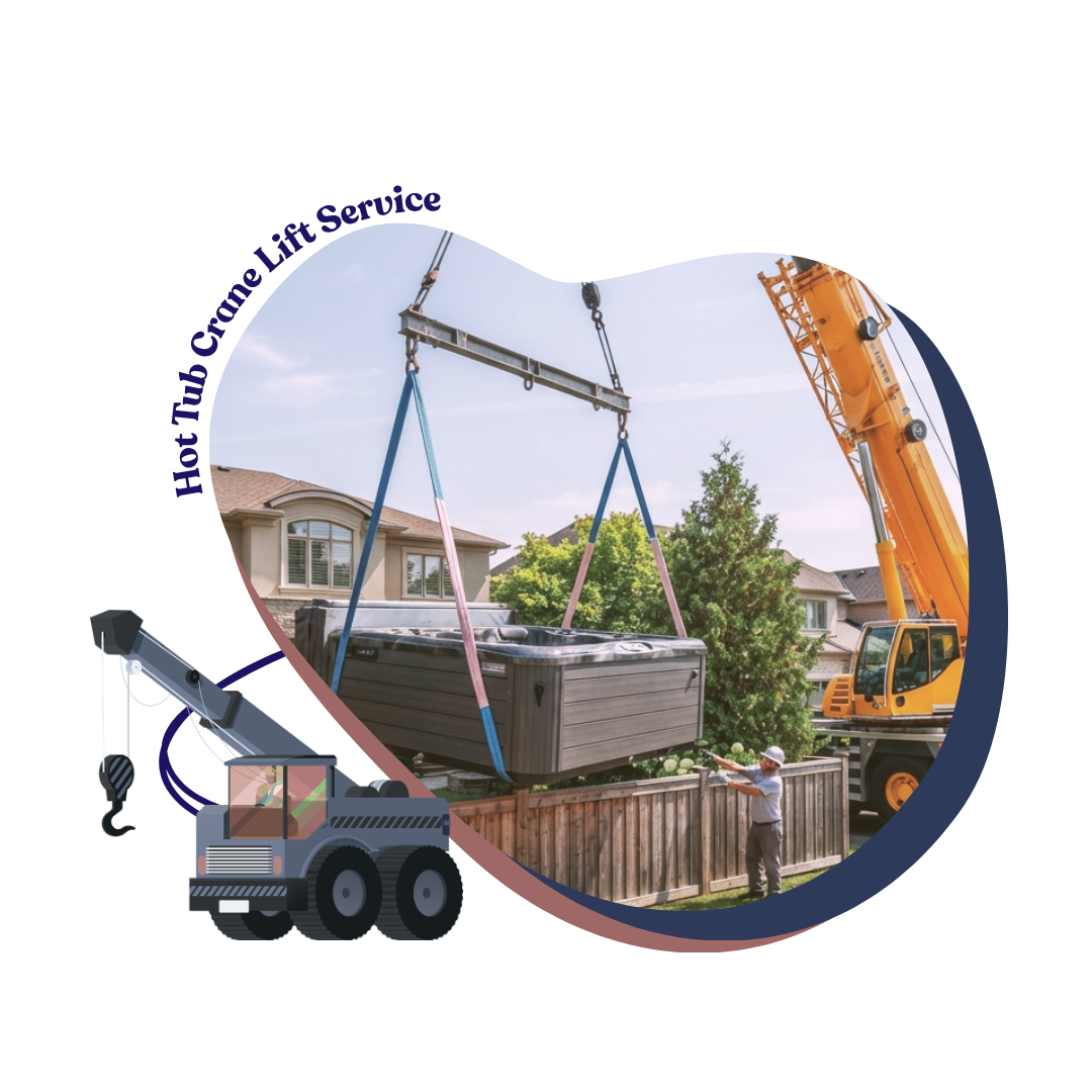 Backyard hot tub relocation service with crane positioned for lift