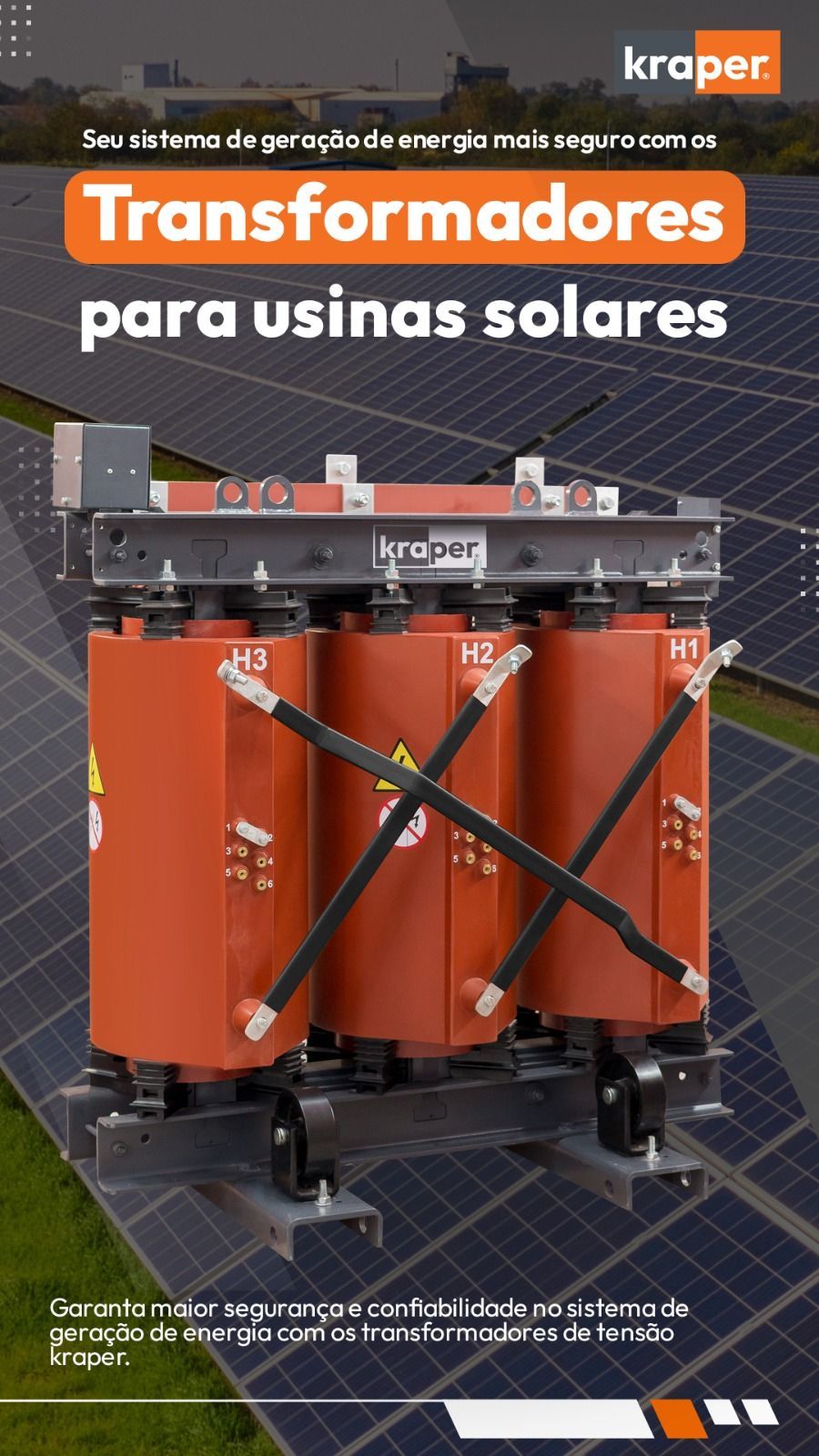 Oranje elektrische transformatoren voor zonne-energiecentrales, met zonnepanelen op de achtergrond en het Kroper-logo.