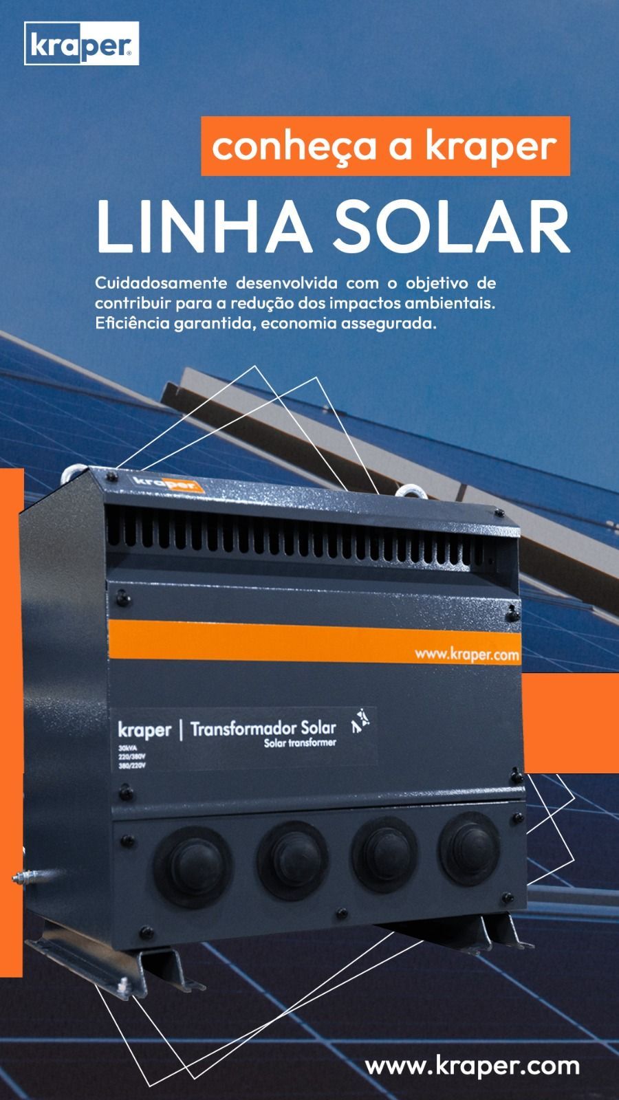 Promotieposter voor de Kraper Linha Solar cartridge met een zwart exemplaar op een blauw-oranje achtergrond.