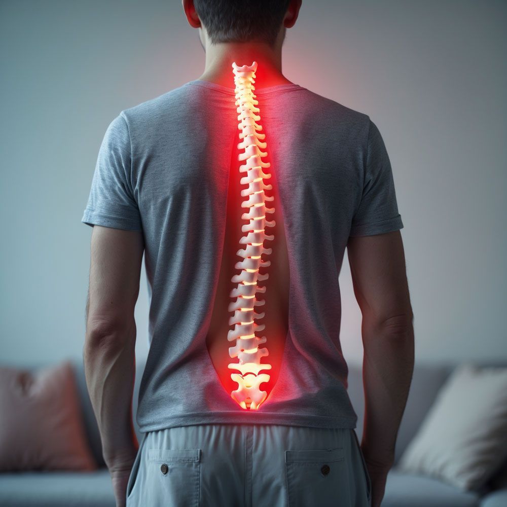 A man is standing in front of a couch with his spine highlighted in red.