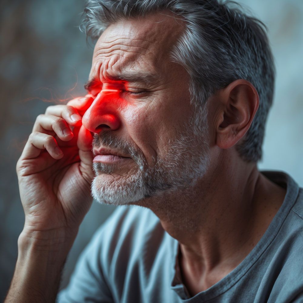A man is holding his nose because he has a headache.