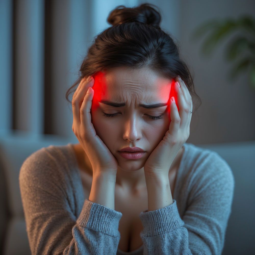 A woman is holding her head in pain because of a headache.