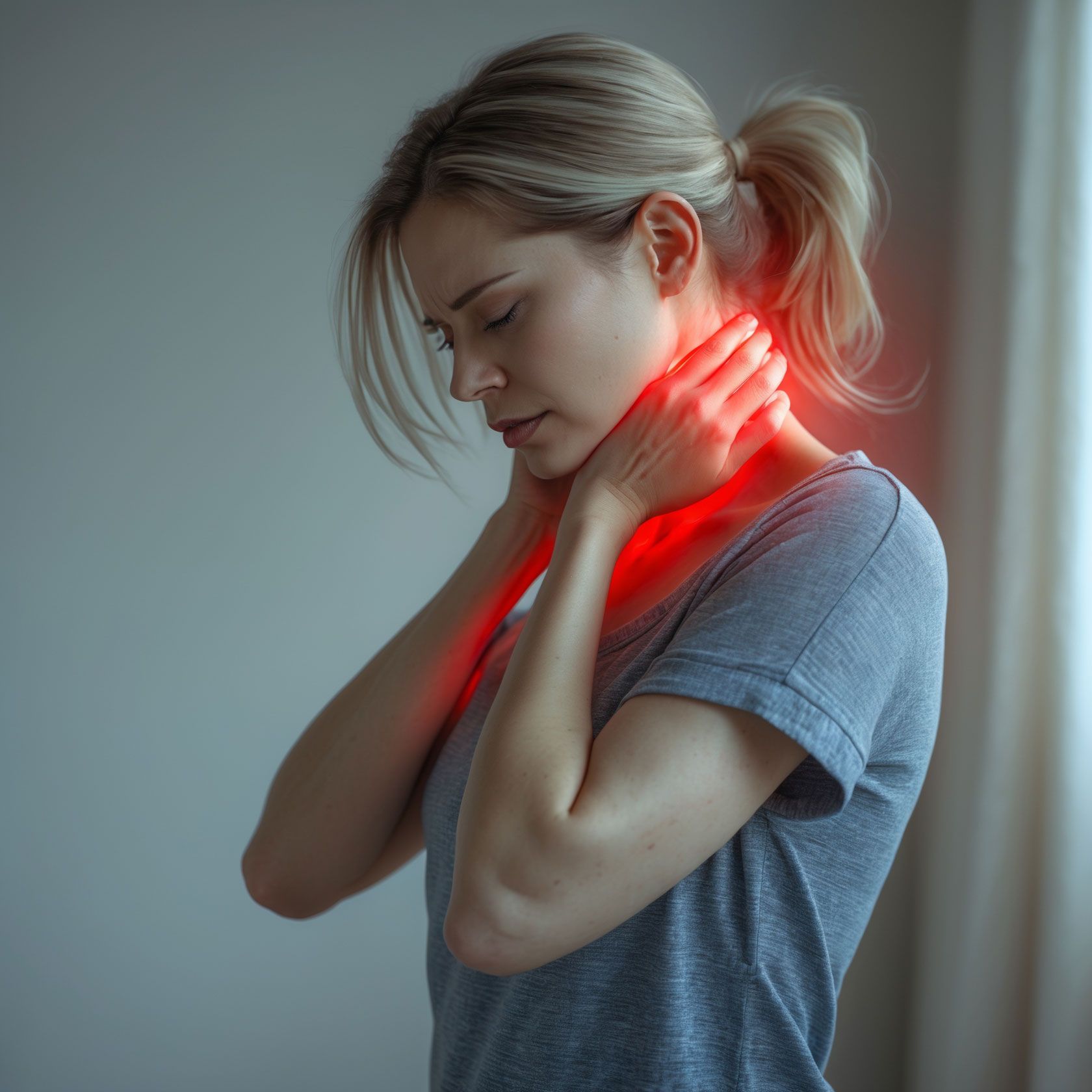 A woman is holding her neck in pain with a red light shining on it.
