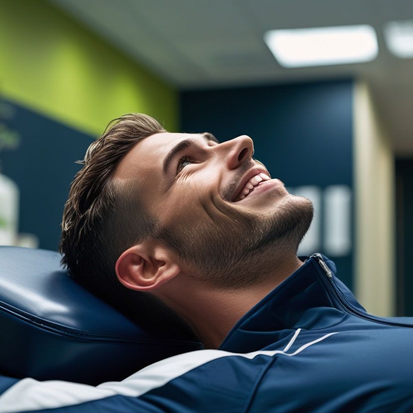 A man is smiling while laying in a chair