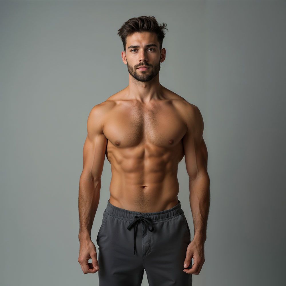 A shirtless man with a beard is standing in front of a gray background.
