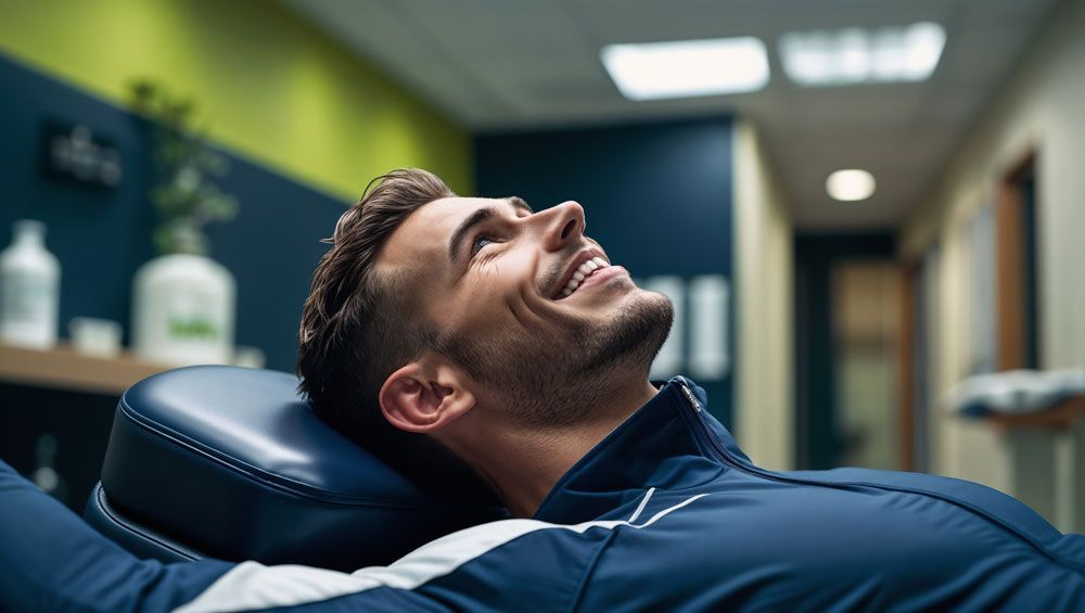 A man is laying in a dental chair and smiling.
