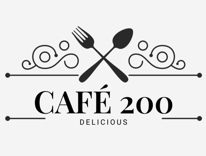Cafe 200 logo with crossed fork and spoon, decorative swirls, and the word “delicious” beneath