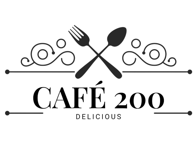 Café 200 logo with crossed fork and spoon, decorative swirls, and the word “DELICIOUS” underneath