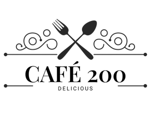 Café 200 logo with crossed fork and spoon, decorative swirls, and the word “DELICIOUS” underneath