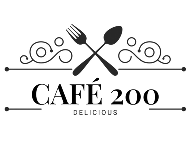 Café 200 logo with crossed fork and spoon, decorative swirls, and the word “DELICIOUS” underneath