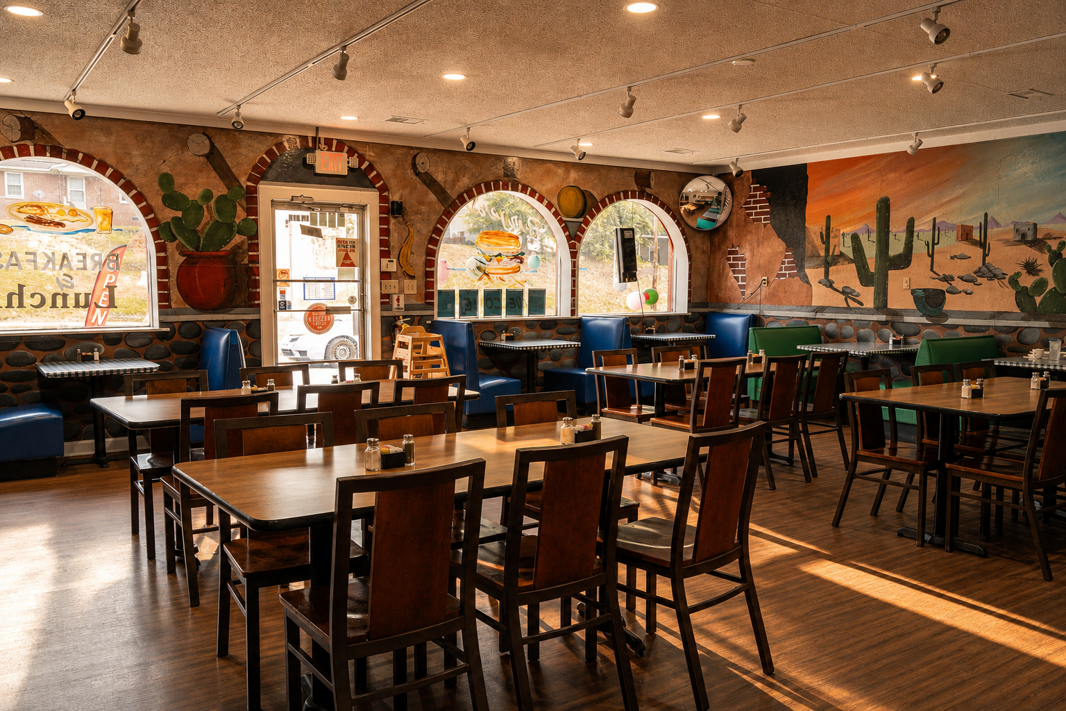 Empty restaurant dining area with wooden tables and chairs, warm lighting, and mural-covered walls