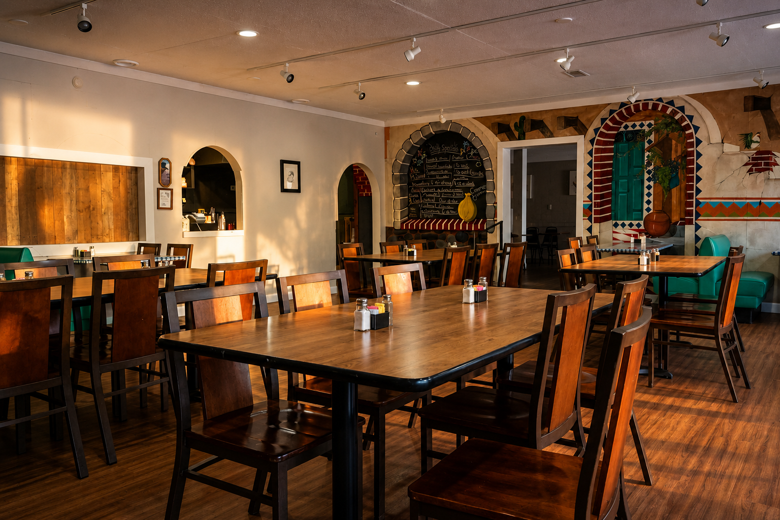 Cozy restaurant dining room with wooden tables, chairs, and warm ambient lighting