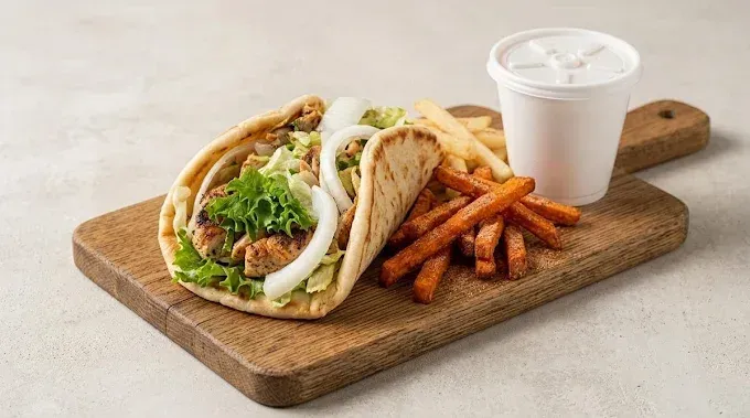 Taco wrap, sweet potato fries, and a white drink cup on a wooden serving board