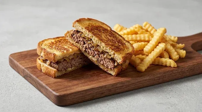 Grilled sandwich cut in half on a wooden board with crinkle-cut fries