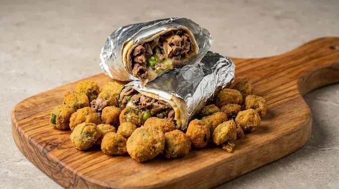 Foil-wrapped grilled wrap with spiced chickpeas on a wooden board