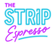 Neon sign for "THE STRIP Espresso". Blue letters with pink border above a pink script "Espresso" with a blue underline.