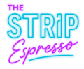 Neon sign for "THE STRIP Espresso". Blue letters with pink border above a pink script "Espresso" with a blue underline.