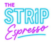Neon sign for "THE STRIP Espresso". Blue letters with pink border above a pink script "Espresso" with a blue underline.