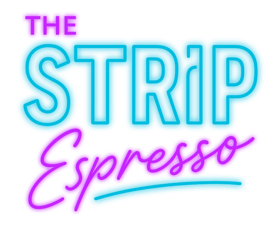 Neon sign for "THE STRIP Espresso". Blue letters with pink border above a pink script "Espresso" with a blue underline.