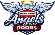 Angels Way Doors logo with white wings, halo, and red-and-blue text on a shield
