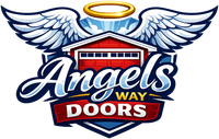 Angels Way Doors logo with white wings, halo, and red-and-blue text on a shield