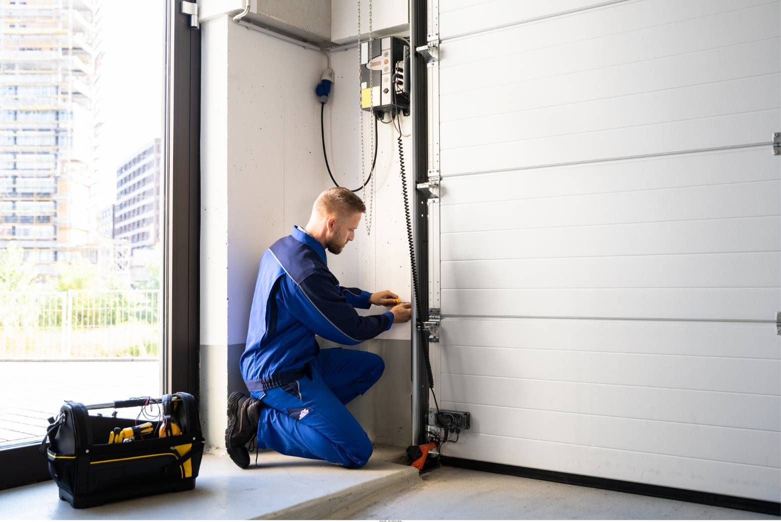 Technician in blue coveralls servicing a garage door opener beside a white overhead door
